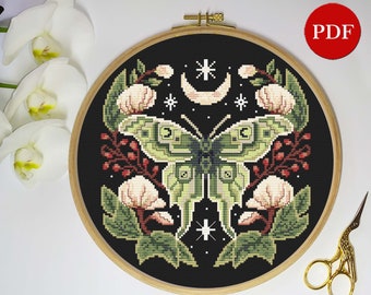 Patrón de punto de cruz Luna Moth: Fase lunar, gótico y místico (patrón PDF)