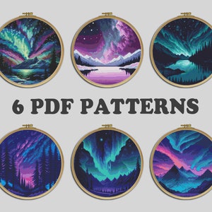 Set of 6 Northern Lights Cross Stitch Patterns, Nature Set PDF Pattern file, Bundle Set Hoop art Cross Stitch Patterns, Digital download