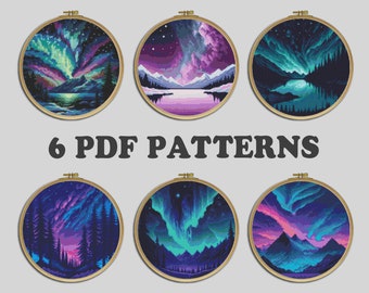 Set of 6 Northern Lights Cross Stitch Patterns, Nature Set PDF Pattern file, Bundle Set Hoop art beautiful sky and stars, Digital download