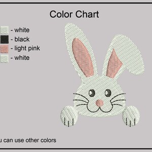 Puede incluir: Carta de colores para un dise&ntilde;o de bordado de un conejo blanco con orejas rosas. El dise&ntilde;o incluye ojos negros y bigotes. La carta muestra los colores utilizados para el dise&ntilde;o: blanco, negro y rosa claro.
