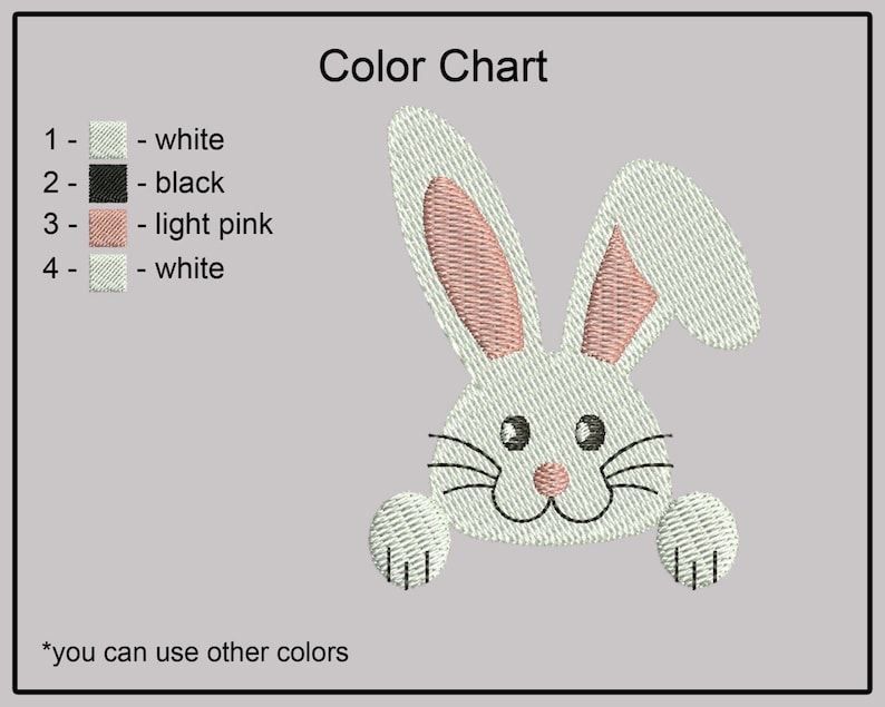 Puede incluir: Carta de colores para un dise&ntilde;o de bordado de un conejo blanco con orejas rosas. El dise&ntilde;o incluye ojos negros y bigotes. La carta muestra los colores utilizados para el dise&ntilde;o: blanco, negro y rosa claro.