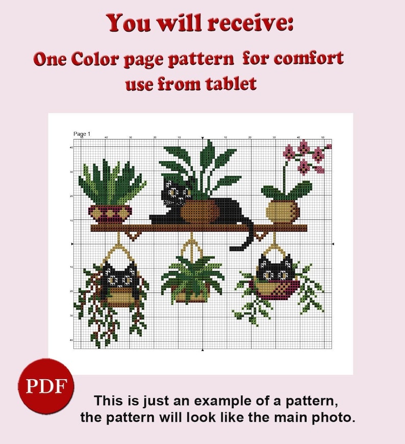 May include: A black and white cross stitch pattern featuring a black cat sitting on a shelf with hanging plants and flowers. The pattern is on a grid with the text "Page 1" in the top left corner.