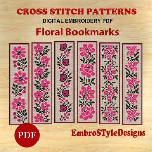 6 Floral Bookmarks Cross Stitch Patterns: Folk Flowers Embroidery (PDF file)