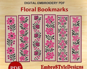 6 Floral Bookmarks Cross Stitch Patterns: Folk Flowers Embroidery (PDF file)