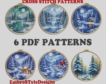 Set of 6 Winter Snowy Landscapes Cross Stitch Patterns: Nature Embroidery (PDF Pattern)
