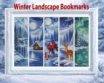 5 Bookmarks Winter Landscape Cross Stitch Patterns, Snow Mountain, Handmade Bookmark Embroidery, PDF file