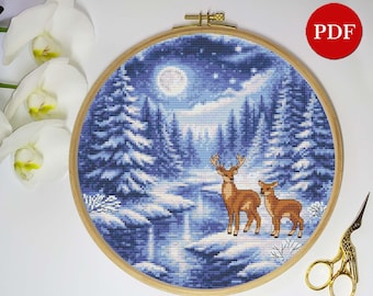 Snowy Winter Landscape with Deer Counted Cross Stitch Pattern: Moonlit Forest, PDF Download