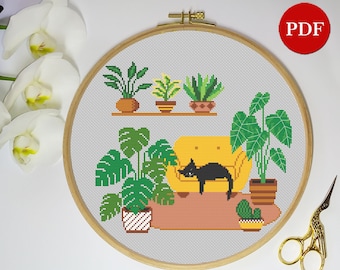 Black Cat on the sofa, Plants Cross Stitch Pattern, Modern Embroidery (PDF Pattern)