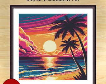 Tropical Sunset Cross Stitch Pattern: Seascape Embroidery (PDF file)