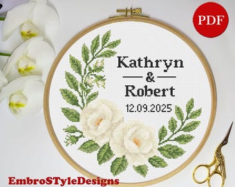 Wedding Anniversary Cross Stitch Pattern, Personalized White Roses (PDF Pattern)