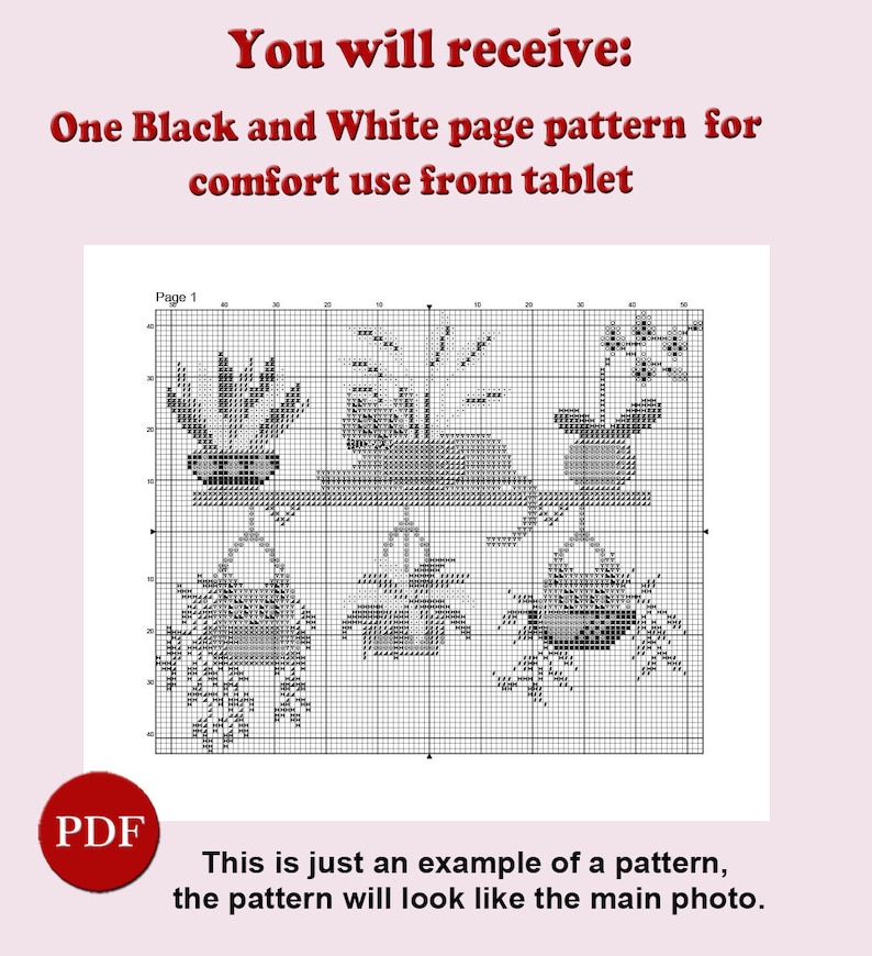 May include: Black and white cross stitch pattern for a hanging planter with three plants. The pattern is labelled "Page 1" and is suitable for use on a tablet.