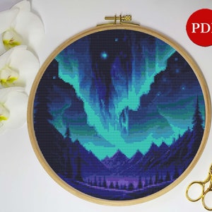 Northern Lights Cross Stitch Pattern, Northern Lights Embroidery Stitch pattern, Hoop art Cross Stitch PDF Pattern file, Digital download