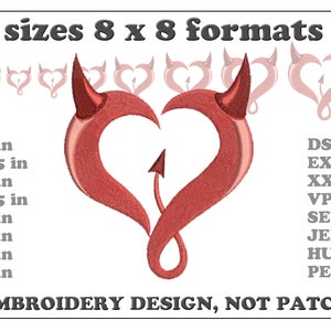 May include: Red devil horns with a heart shape and a tail. Embroidery design in 8 formats, available in sizes from 2 to 7 inches.  "EMBROIDERY DESIGN, NOT PATCH!" text is included.