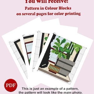 May include: A digital pattern for cross-stitch, featuring a potted plant in a window. The pattern is divided into four pages, labeled "Page 1" through "Page 4".