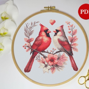 Modèle de point de croix coeur cardinaux, modèle de point de broderie Cardinalidae, fichier de modèle PDF point de croix oiseau cardinal, téléchargement numérique