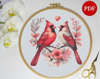 Cardinals Heart Cross Stitch Pattern, Cardinalidae Embroidery Stitch pattern, Cardinal Bird Cross Stitch PDF Pattern file, Digital download