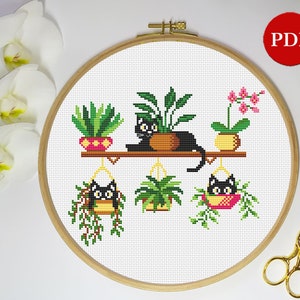 Cat Plants Embroidery Cross Stitch Pattern, Black cat pots Cross Stitch pattern, House plants PDF Pattern file, Digital download