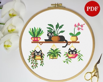 Cat Plants Embroidery Cross Stitch Pattern, Black cat pots Cross Stitch pattern, House plants PDF Pattern file, Digital download