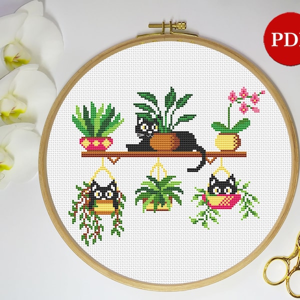 May include: Cross stitch pattern featuring black cats in potted plants. The pattern includes a shelf with a cat sitting on it, and two hanging plants with cats inside. The pattern also includes a potted orchid.