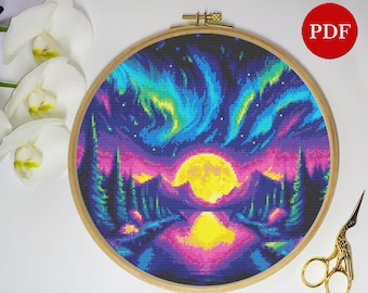 Northern Lights Cross Stitch Pattern: Nature Embroidery (PDF Pattern)