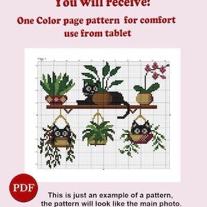May include: Cross-stitch pattern featuring a black cat among potted plants. The design includes hanging plants and a cat on a shelf. Text at the top reads "You will receive: One Color page pattern for comfort use from tablet."