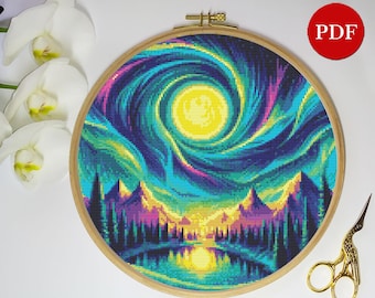 Northern Lights Cross Stitch Pattern: Nature Embroidery (PDF Pattern)