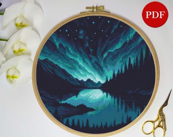 Northern Lights Cross Stitch Pattern, Northern Lights Embroidery Stitch pattern, Nature Cross Stitch PDF Pattern file, Digital download