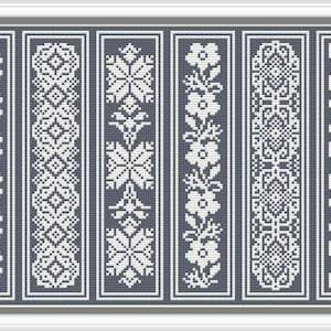 K&ouml;nnte beinhalten: Sechs verschiedene wei&szlig;e Stickmuster auf einem dunkelgrauen Hintergrund. Die Muster sind alle unterschiedlich und umfassen florale, geometrische und abstrakte Designs.