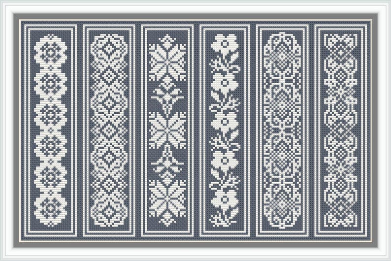 K&ouml;nnte beinhalten: Sechs verschiedene wei&szlig;e Stickmuster auf einem dunkelgrauen Hintergrund. Die Muster sind alle unterschiedlich und umfassen florale, geometrische und abstrakte Designs.