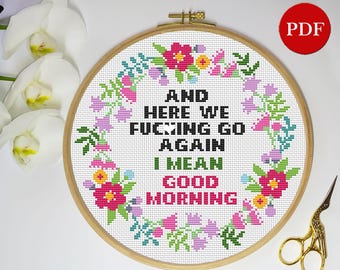 Funny Morning Floral Wreath Cross Stitch Pattern: Sarcastic Embroidery (PDF Pattern)