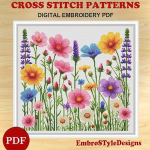 Könnte beinhalten: Kreuzstich-Muster PDF für ein farbenfrohes Blumenmotiv mit rosa, gelben, blauen, violetten und weißen Blumen mit grünen Stielen und Blättern. Das Design trägt den Titel "EmbroStyleDesigns".