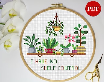 House Plants Cross Stitch Pattern: Shelf Control Embroidery (PDF Pattern)