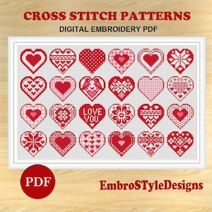 May include: A framed digital embroidery PDF featuring a grid of red heart cross-stitch patterns. The hearts have various designs, including polka dots, floral patterns, and the words "LOVE YOU". The text "CROSS STITCH PATTERNS" and "EmbroStyleDesigns" are also visible.