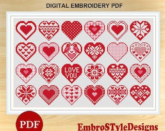 Patrón de punto de cruz de 24 mini corazones: diseños de bordado para San Valentín (descarga en PDF)