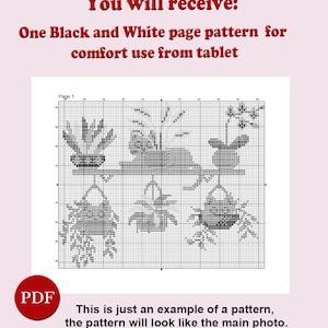May include: Black and white cross stitch pattern for a design featuring potted plants. The pattern is labeled "Page 1" and is suitable for use on a tablet.