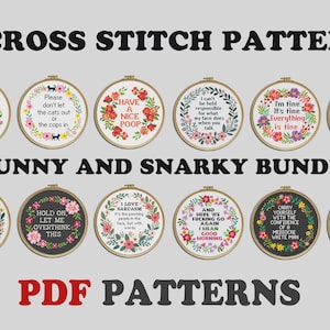 Set of 12 Snarky Cross Stitch Patterns: Funny Sassy Quotes (Digital Download)