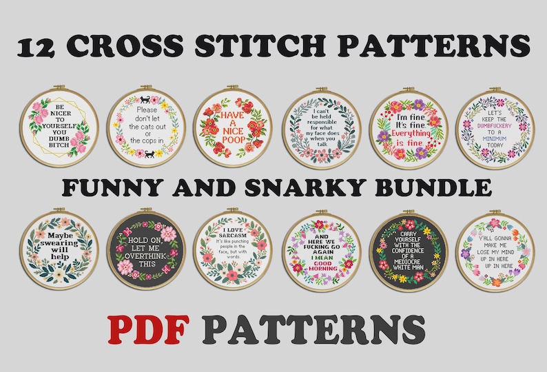 Set of 12 Snarky Cross Stitch Patterns: Funny Sassy Quotes (Digital Download) image 1