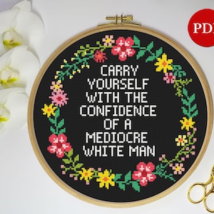 Confidence Quote Cross Stitch Pattern: Floral Wreath Embroidery (PDF Pattern)