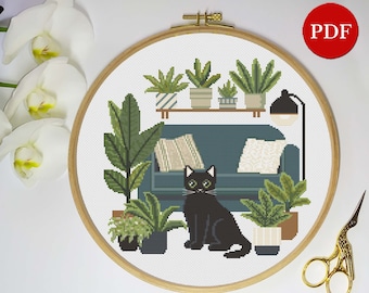 Black Cat & House Plants Cross Stitch Pattern (PDF Pattern)