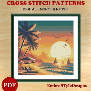 Beach and Tropical sunset Cross Stitch Pattern, Seascape Cross Stitch pattern, Ships Nature Cross Stitch PDF Pattern file, Digital download