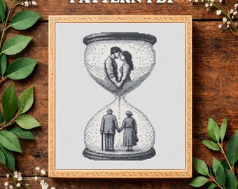 Romantic Hourglass Cross Stitch Pattern: Young Old Romantic Love (PDF Download)