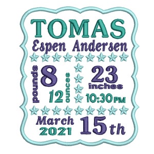 May include: A blue and green embroidered baby announcement with the name Tomas Espen Andersen, birth date March 15th, 2021, time 10:30 PM, weight 8 pounds 12 ounces, and length 23 inches.