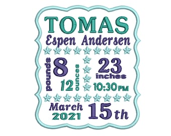 Custom Baby Birth Announcement Embroidery Design Template (Digital File)