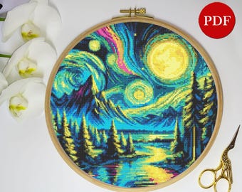 Northern Lights Cross Stitch Pattern: Nature Embroidery (PDF Pattern)