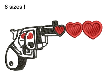 Diseño de bordado de pistola de amor, pistola con corazones (archivo digital)