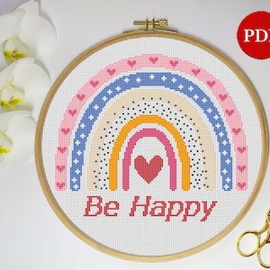 Boho Rainbow Embroidery Cross Stitch Pattern, Modern Cross Stitch Pattern, Modern art PDF Pattern, Be Happy Digital download