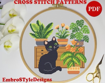 Black Cat and Plants Cross Stitch Pattern, House Decor (PDF Pattern)