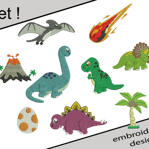 Dinosaur set  Embroidery Designs, Dino set Embroidery Designs, Jurassic park Machine Embroidery Design Files, 8 sizes each INSTANT DOWNLOAD