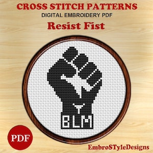 Fist Embroidery Cross Stitch Pattern, Resist Fist 5 PDF Patterns, Digital download