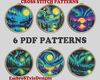 Northern Lights Cross Stitch Patterns: Nature Set of 6 (PDF Pattern)